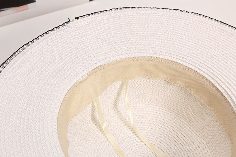 New French Style Wide Brim Straw Sun Hat with Pearl Trim